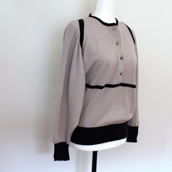 70s Wool Tan Sweater Navy Trim Dolman Sleeves Sportscraft Knit Top - Picture 2 of 8